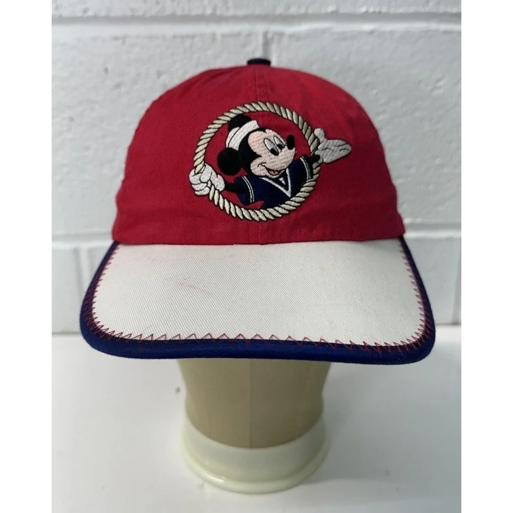 Vintage Mickey Mouse Baseball Hat Kids Walt Disney World Cap Nautical Red White